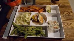 We both got bento boxes - Sushi and a burger slider in the middle! So good!